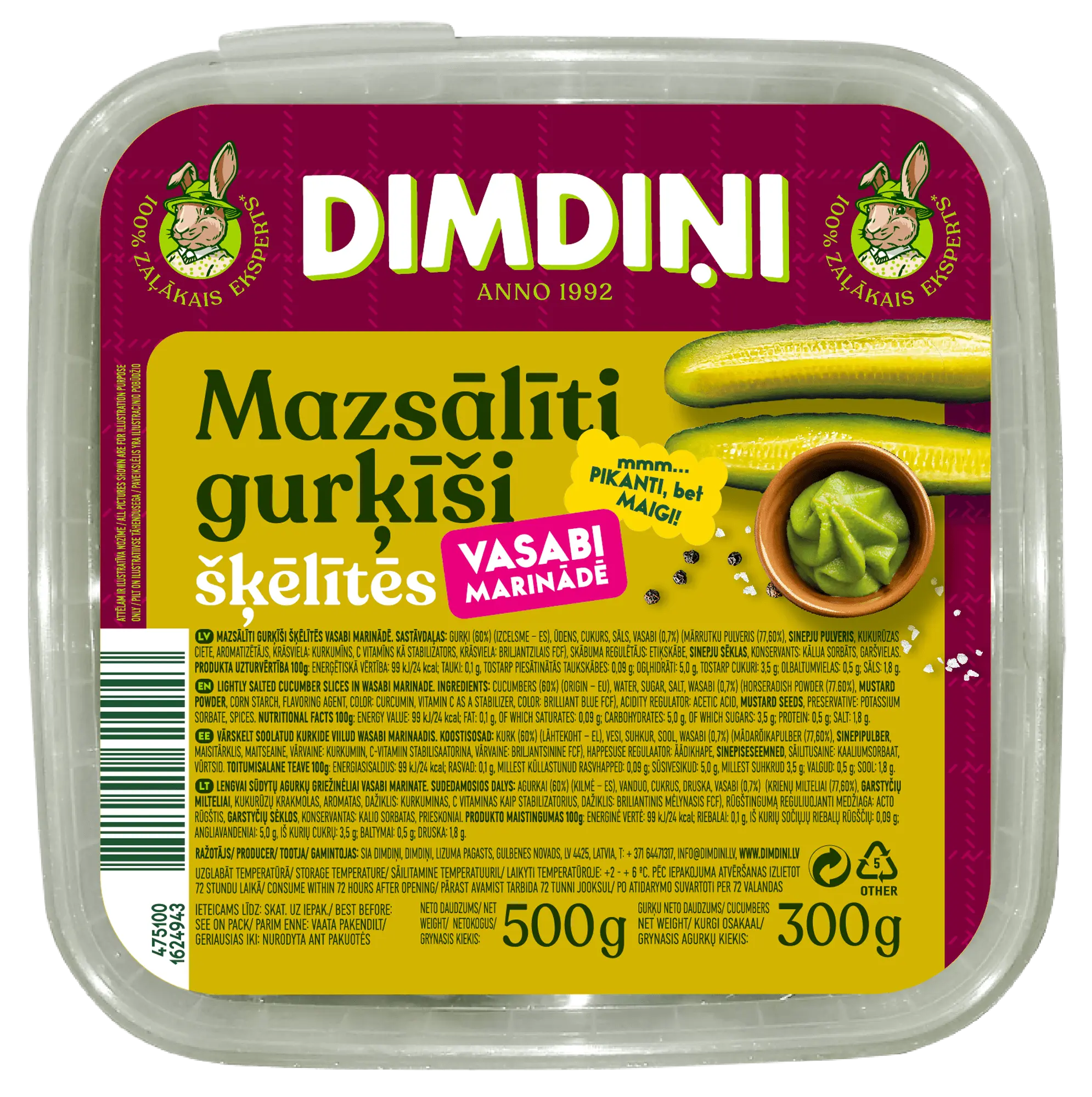 Mazsālīti gurķīši šķēlītēs vasabi marinādē, 500g