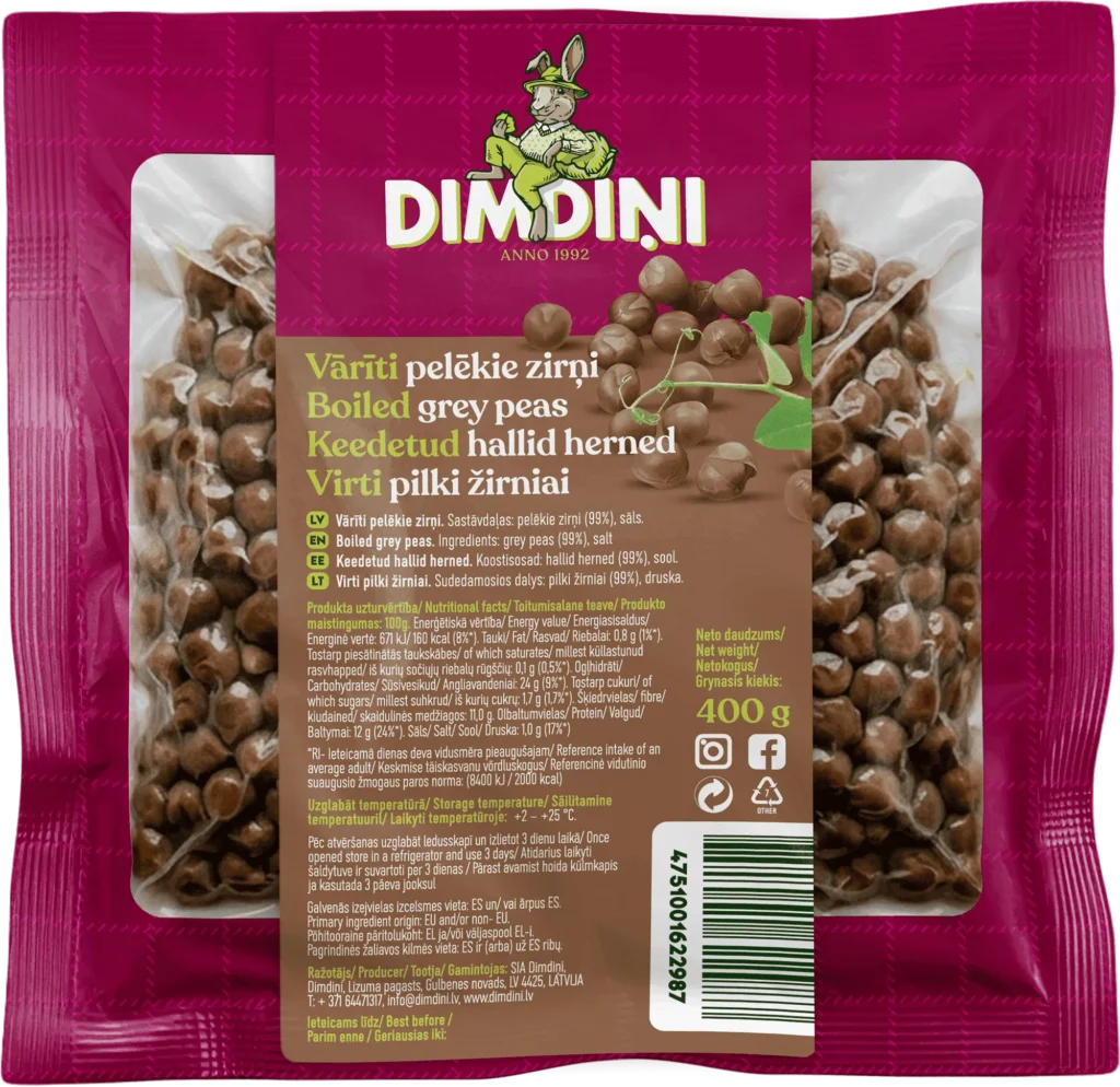 Vārīti pelēkie zirņi, 400g