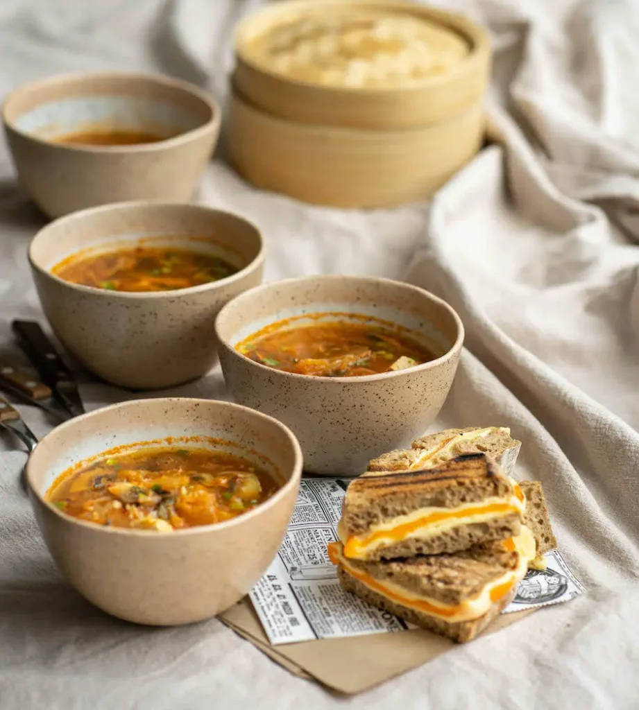 Kimchi fermented vegetable soup with a three-cheese sandwich!